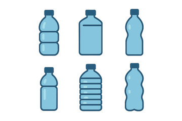 Plastic water bottle icon set. Vector illustration of different shaped containers. Simple flat design collection. Concept for recycling, environment, pollution, and liquid.