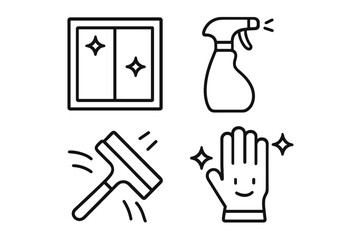Window cleaning service icon set. Linear vector illustration for housekeeping chores. Includes squeegee, spray bottle, detergent symbol, and sparkling clean glass.