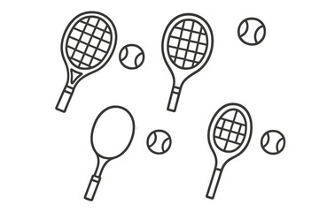 Tennis racket vector icon set. Hand drawn minimalist sport equipment illustration. Simple line art tennis ball and racket graphic elements for design. Doodle cartoon style.