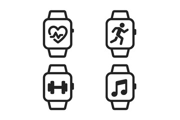 Fototapeta premium Smartwatch fitness and health tracker icon set. Vector icons for running, gym workout, heart rate monitor and music player app. Wearable technology UI symbol collection.