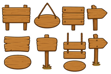 Cartoon wooden signs collection. Set of blank rustic signboards and arrow pointers. Empty wood plank templates for message, direction, or game UI. Vector illustration.