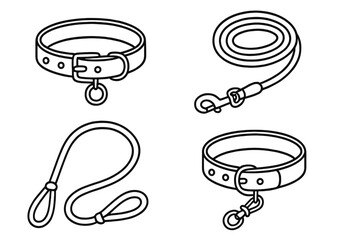 Dog leashes and collars outline icon set. Vector line art illustration of pet accessories for walking and training. Isolated cartoon style graphic elements on transparent background.