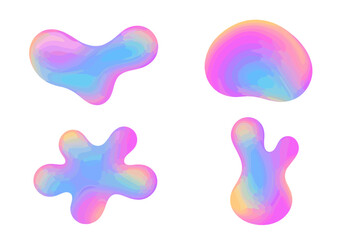 Fototapeta premium Set of abstract holographic liquid shapes. Collection of isolated fluid amoeba elements. Vintage y2k chameleon design blobs of shimmering iridescent pastel gradient colors.