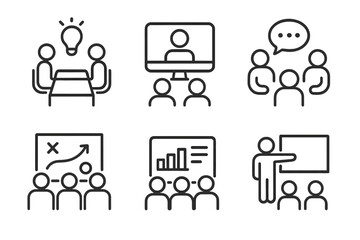 Meeting collaboration icon set. Thin line editable stroke icons for business workshop, brainstorming, remote conferencing, team discussion, strategy planning, and presentation.