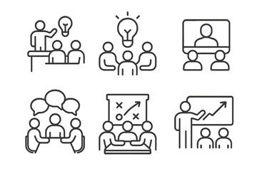 Meeting collaboration icon set. Thin line editable stroke icons for workshop, brainstorming, remote conferencing, team discussion, strategy planning, and business growth.