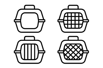 Linear pet carrier icons set with variety of front door designs for travel and transportation safety, wire mesh, bars, grid, isolated vector cartoon illustration, transparent background, collection