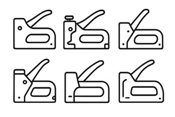 Set of six staple gun icons, simple black outline style, isolated vector illustration, staple gun tool collection, hardware equipment, construction instrument, transparent background, ordered set