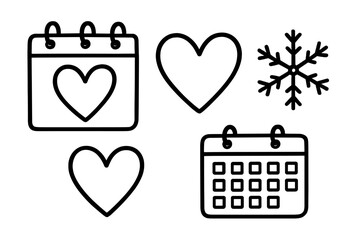 February themed vector illustration set with sketched calendar icons, hand drawn hearts, snowflake design, winter love concept, black outline cartoon style, transparent background, organized elements
