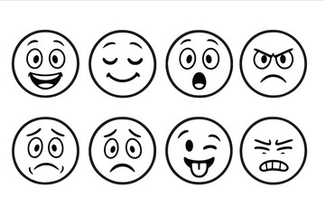 Eight expressive black and white emoticon faces displaying happiness, sadness, worry, anger, surprise, relaxation, playfulness, cartoon style vector illustration, emotion set, transparent background
