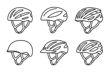 Six linear bicycle helmet vector set in black outline, minimal cartoon style, multiple helmet designs, sports safety gear, transparent background, assorted cycling head protection icons