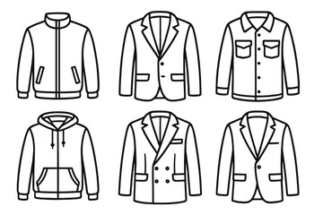 Collection of six outline jackets vector set, casual and formal jackets icons, sportswear, blazer, hoodie, shirt, transparent background, wardrobe fashion design, unisex apparel illustrations
