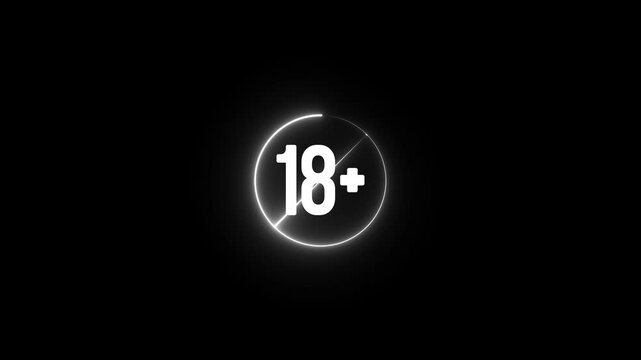 18 plus icon sign animation on dark background. Under 18 sign warning symbol. Over 18 only censored. eighteen age older. glow effect circle, Motion graphics of 18 plus concept.