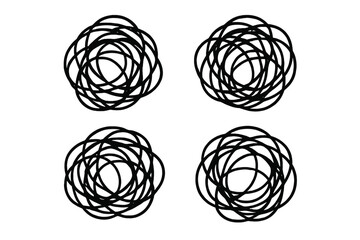 Tangled clew, messy scribble icon set. Metaphor for confused mind, chaos, disorder, anxiety, stress. Psychology symbol for complex problem. Complicated knot illustration.