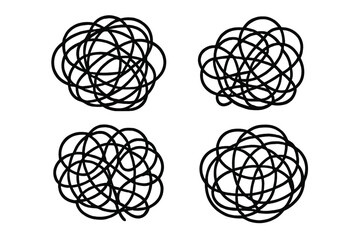 Set of tangled scribble clews. Chaos and confusion metaphor. Complex problem or messy thought process concept. Psychology, anxiety, and stress symbol. Doodle line art vector.