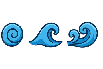 Obraz premium Wave icon set in flat cartoon style. Swirl and spiral water symbols. Vector illustration collection for ocean, sea, and surf concepts. Marine and nature graphic elements.