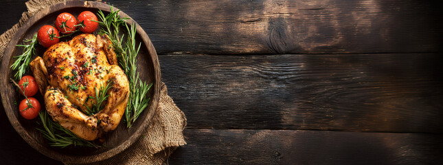 Whole roasted chicken with rosemary and cherry tomato on a rustic wooden plate. Thanksgiving, Christmas meal concept. Festive dinner.