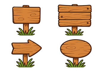 Cartoon wooden sign set vector illustration. Blank empty wood signboard, timber plank, arrow pointer signs. Rustic old guidepost, billboard, or nameplate with grass for game UI.