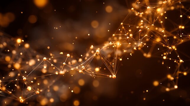 Illuminated network of golden spheres connected by lines on a dark brown background bokeh effect