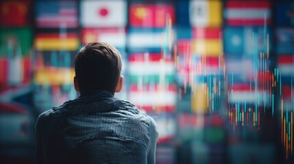 Person from the back looking at a wall of flags and a stock market chart in the foreground