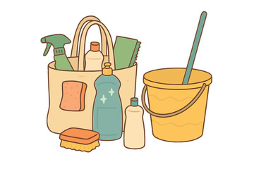 Spring cleaning shopping concept with eco bag filled with household cleaning products, plastic bucket with mop, hygiene items, domestic cleaning supplies for home care and maintenance
