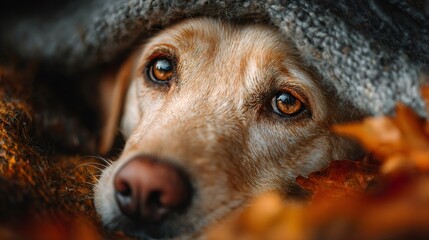 Labrador retriever dog peeking from cozy autumn blanket