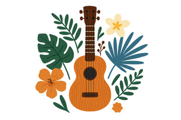 Tropical ukulele with vibrant hand-drawn leaves and colorful flowers, wooden acoustic guitar illustration, music instrument design, summer vibe poster, vector flat style