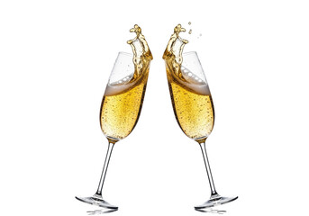 Two identical crystal champagne flutes clinking, golden champagne splashing dynamically, fine bubbles and foam, pristine transparent studio background with copy space, elegant luxurious celebration