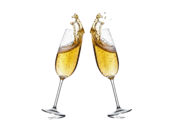 Two identical crystal champagne flutes clinking, golden champagne splashing dynamically, fine bubbles and foam, pristine transparent studio background with copy space, elegant luxurious celebration