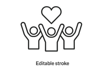 Fototapeta premium Three people raising arms with heart icon, teamwork support and community bonding concept, group unity, friendship, collaboration, love and care, vector thin line illustration editable stroke