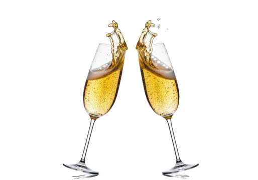 Two identical crystal champagne flutes clinking, golden champagne splashing dynamically, fine bubbles and foam, pristine transparent studio background with copy space, elegant luxurious celebration