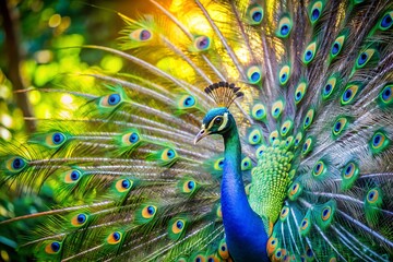 Obraz premium A vibrant peacock displaying its magnificent plumage, showcasing a stunning array of iridescent colors and intricate patterns against a lush green backdrop