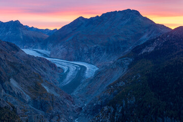Great Aletsch glacier seen from belalp at twilight sunset or sunrise. It is the largest glacier of the European Alps. Switzerland