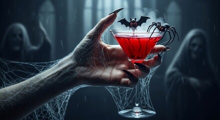 Sinister hand holding a Halloween cocktail with spooky decorations and dramatic ambiance for festive marketing
