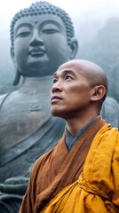 Naklejka premium Monk praying looking up towards giant buddha statue