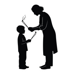 Woman and boy holding burning incense sticks silhouette
