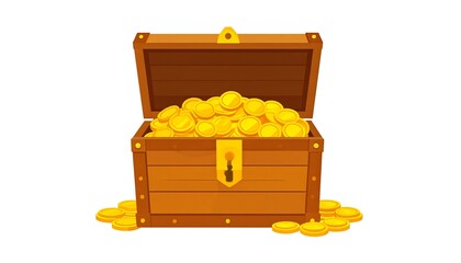 Open wooden treasure chest filled with gold coins