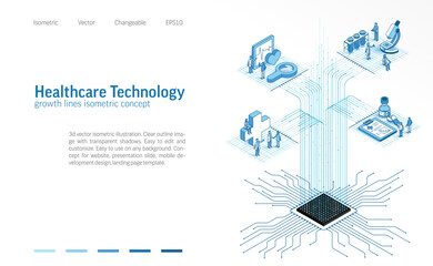 Health care, medical AI technology. Isometric line icon illustration. Digital data growth, business people teamwork concept. Healthcare system process, chip connection 3d vector background design.