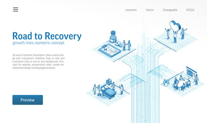 Road to recovery. Health care, medical isometric line icon illustration. Treatment journey. Doctor, nurse and patient teamwork concept. Healthcare system process, growth 3d vector background design.