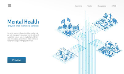 Mental health, psychotherapy isometric line icon illustration. Wellness, treatment journey, work life balance concept. Healthcare system process, growth 3d vector background. Infographic design.