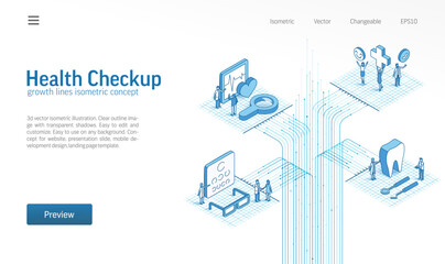 Health checkup. Medical isometric line icon illustration. Check up journey with eye exam, dental care, cardiology consultation. Teamwork concept. Healthcare system growth 3d vector background design.