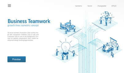 Office work process, partner meeting isometric line icon illustration. Digital technology, people teamwork, data growth 3d vector design concept. Business team communication system background.