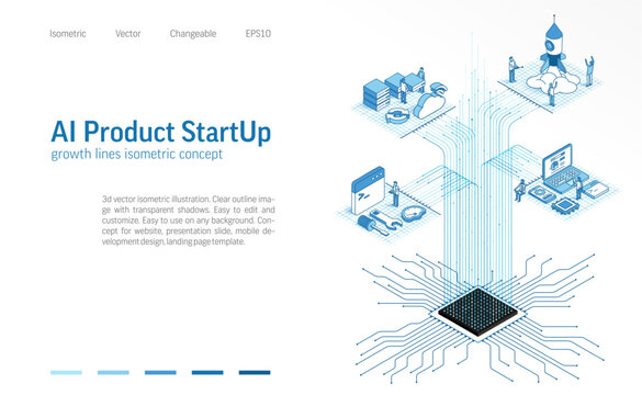 AI Product startup isometric line icon illustration. Digital data growth, business people teamwork concept. Start up system process, chip connection background. Innovation development 3d vector design