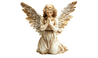 Kneeling angel statue with detailed wings and praying hands, carved in light tones with an elegant, serene expression