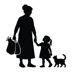 Woman child cat walking together silhouette girl