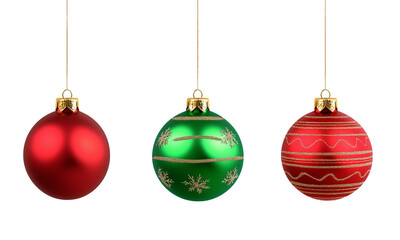 Three hanging Christmas baubles: matte red, green with snowflakes and stripes, and red with gold zigzag lines, each with gold caps and strings