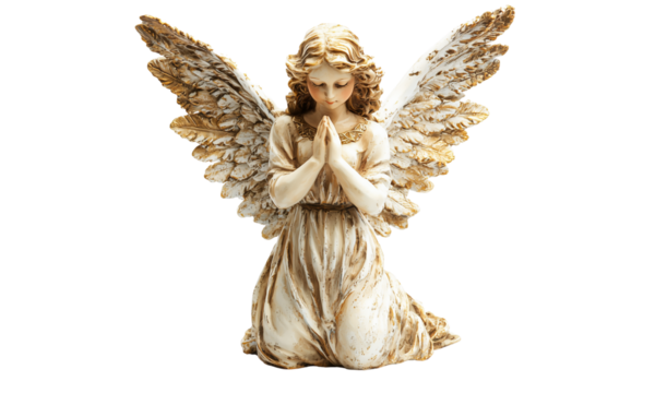 Kneeling angel statue with detailed wings and praying hands, carved in light tones with an elegant, serene expression