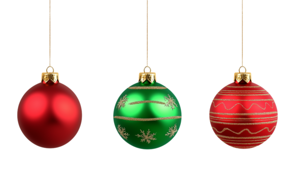 Three hanging Christmas baubles: matte red, green with snowflakes and stripes, and red with gold zigzag lines, each with gold caps and strings