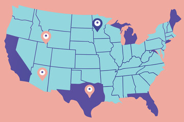 USA map with pastel colors and location pins united states america map of