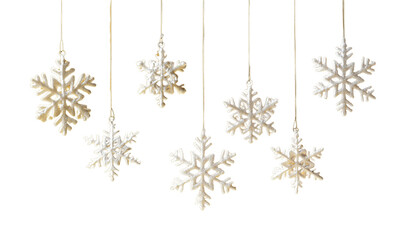 Christmas Decoration snowflake ornaments hanging on thin strings against a bright white background, creating a festive and winter-themed decoration.