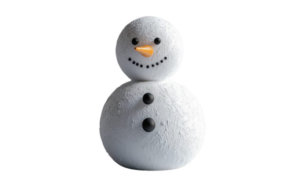 Snowman figure with textured snow, carrot nose, coal eyes, dotted smile, and two coal buttons